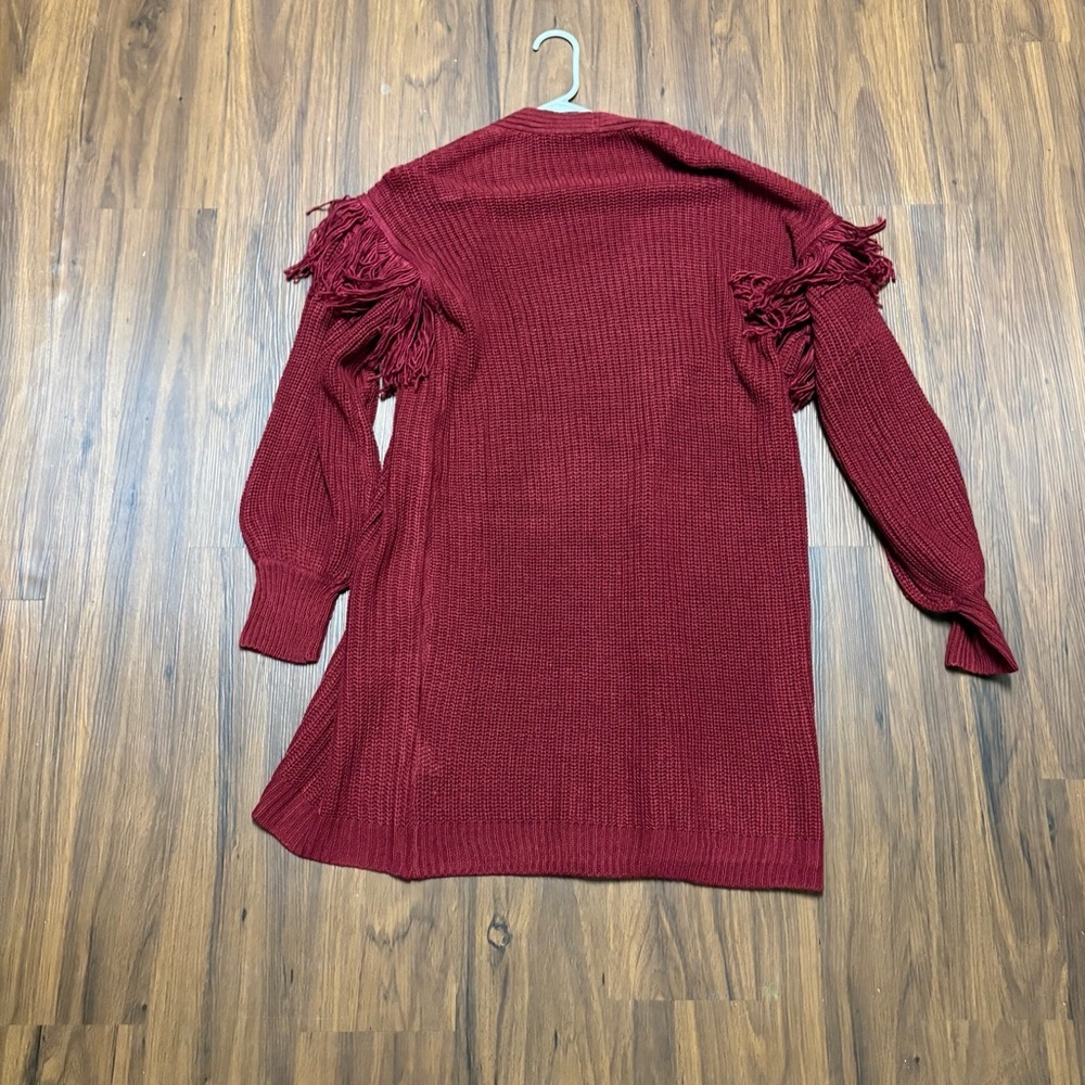 Time and Tru Burgundy Fringe Cardigan - Picture 3 of 8